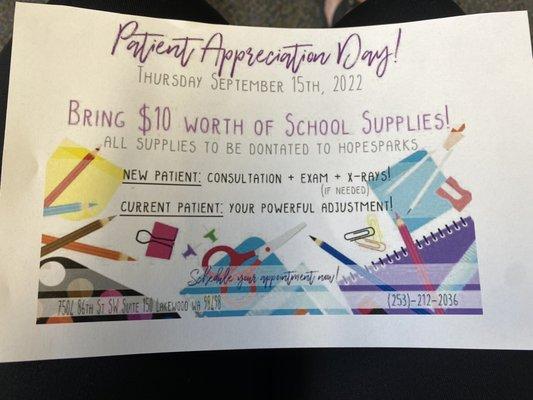 Bring $10 worth of school supplies to donate to cover the cost of your appointment on 9/15/22