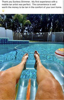 Customers feeling so beautiful and relaxed with their Sunless Shimmer tan out by the pool.