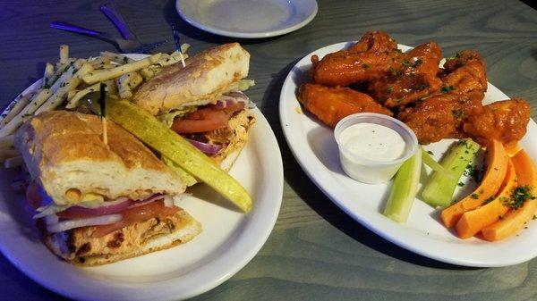 Wings and Blackened Salmon Po'Boy