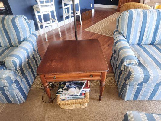 Occasional table before - finished damages by beverage spills and several deep nicks and gouges.