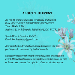 Kim Care_Bodhi Sunday Event in March
 A free massage for elderly and disabled.
 Limited spots available, please apply as soon as possible.