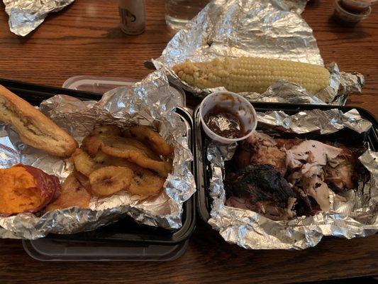 Sweet potato, corn, plantains, festival bread (almost like a sweet cornbread ish thing) and the 1/2 chicken.