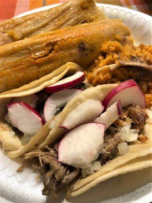 Tacos Colima, Caldwell:  pork tamales and $1 tacos. 6 tamales, 11 tacos, small rice & beans, 1 horchata = $23 take-out fed the family of 4.