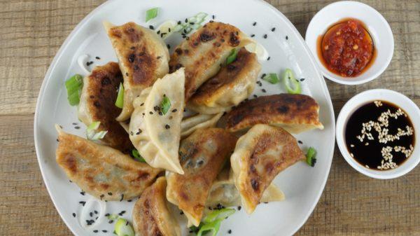 Our Pot Sticker Dumplings are available in Pork and Cabbage, Chicken Shiitake or Vegan flavors