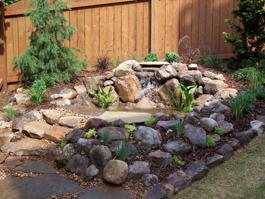 Water features including ponds, waterfalls, and fountains