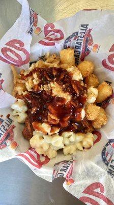 BBQ tater tots - bbq chicken, onion straws and max n cheese