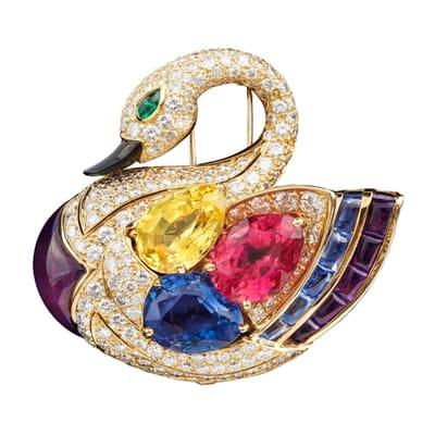 One of a kind Bulgari Multi Gemstone & Diamond Swan Brooch.