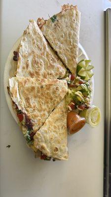 Quesadilla all served whit meat of your choice ,cheese,lettuce,onions,cilantro,cucumber,and pico de gallo