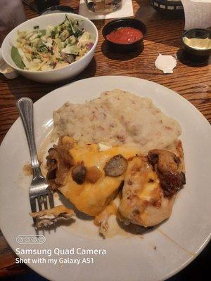 Monterey Chicken w/ garlic mashed, Chopped side salad.