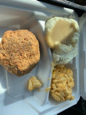 Salmon Patty (B) Mac and Cheese (B-) Mashed Potatoes and Gravy (C)