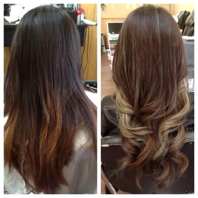 Before and after photo. Ash brown base. Light highlights with semi ombré. Love it!!!!!