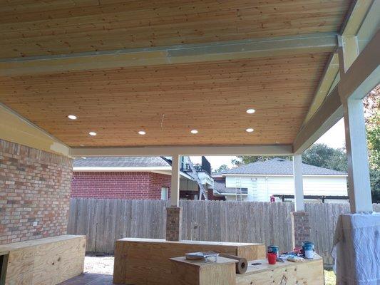 Tongue and groove pine ceiling that can be stained fir a darker finish.