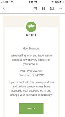 Email from Shipt notifying me of new address added to my account