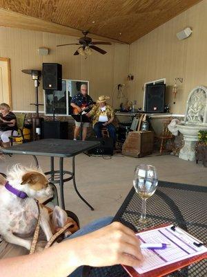 Hanging out sampling wine listening to the Hula boys....  Overlooking the Caballo.   Even have some munchies inside to enjoy.