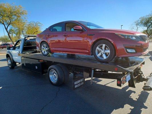 Your car would be picked up by a rollback flatbed safely and with no damage to your vehicle and will be secured according to DPS regulations