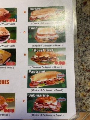 Sandwich menu