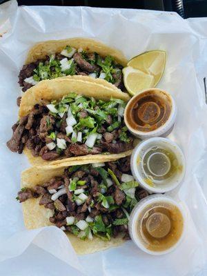 Steak Tacos with three sauces including habanero