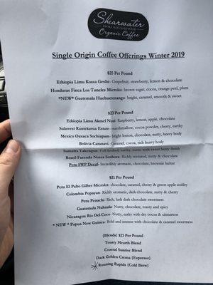 List of their coffees, including the last one that I got to go