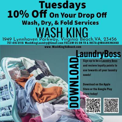 Tuesday is Treat Yourself to 10% off your Wash, Dry, Fold services! Let us do your laundry for you!