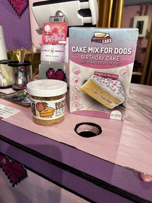 Our purchase, body scrub & doggie birthday cake mix lol