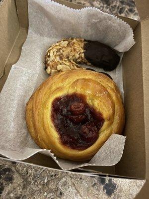 Almond Horn Dipped in Chocolate & Cherry Fruit Danish.