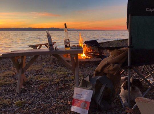 Bonfire at sunset on our beach.