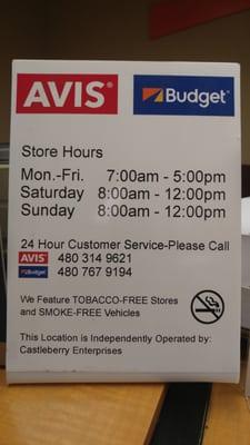 Hours for budget/avis in fry's