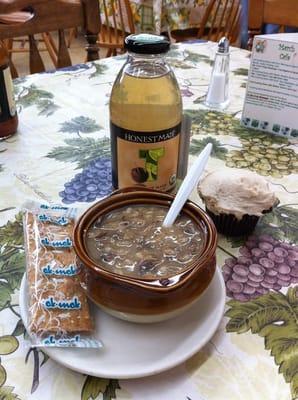 Vegan mushroom barley soup and vegan chocolate cupcake!