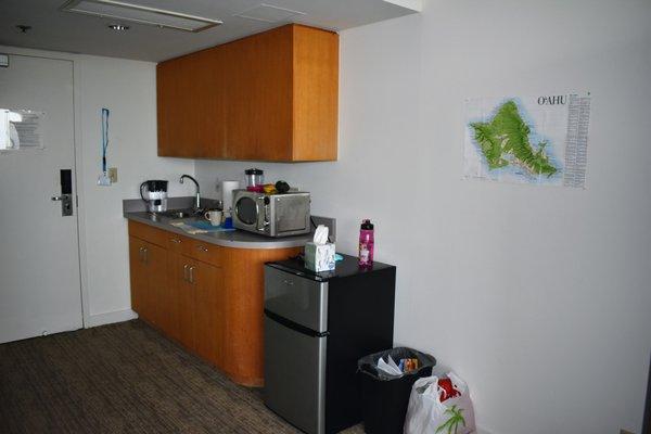 Sorry for the messy photo but here's the counter space with sink, fridge and microwave.