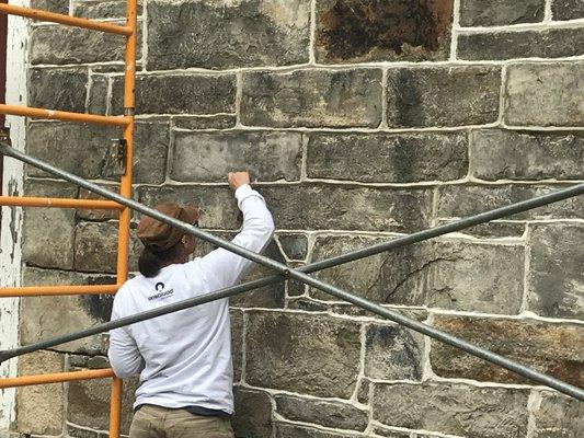 Lauren finishing up repointing on the Mt. Bethel Church built in the 1800's. Historically appropriate Natural Hydraulic Lime (NHL) was used.