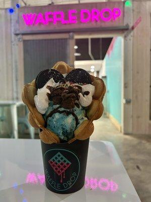 Li'l Blue Panda Waffle in Front of shop