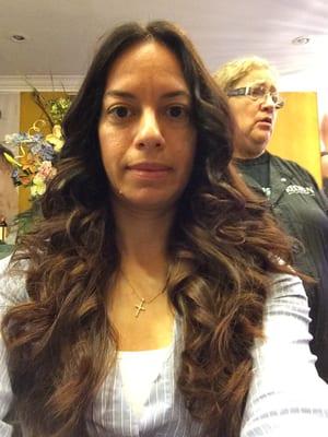 Three long layers curled with a wand. Deer in the headlights look lol. That's Irma behind me :)