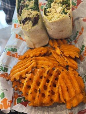 Chicken Pesto Wrap With sweet potato fries