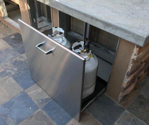 Custom stainless steel drawer for BBQ island.