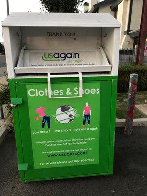 Clothes & shoes donation bin on the North East corner of Sherman Way & Tampa