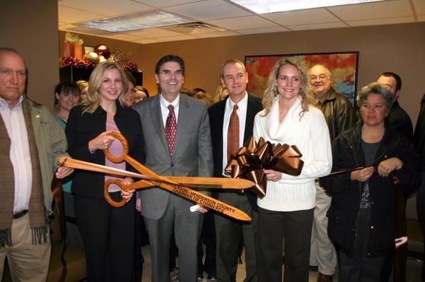 Ribbon Cutting celebrating the recently expanded office & services. L-R Angela Mills, PA-C; Dr. Crowe; Dr. Truett; Dana Jennings