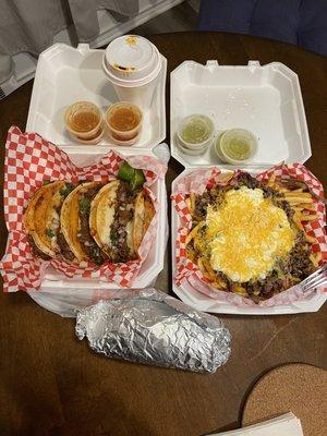 Birria tacos  Azada fríes  and a Burrito  all delicious full of flavor and worth all the calories