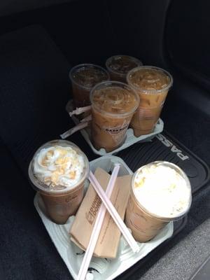 6 Large Iced Coffees. 4 of the 6 were caramel. :DD