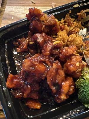 could be orange chicken, it could be general Tso. We will never know because they taste exactly alike.