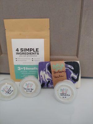 Samples. Love the soap bars. The body scrub is excellent! I cannot say enough about Buff City's laundry detergent. Try Magnolia scent.