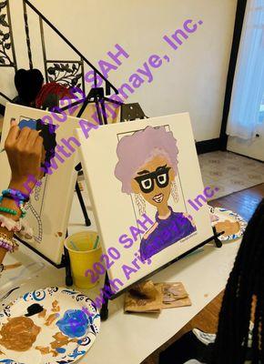 Birthday paint party on gallery wrapped canvas with friends, acrylic paint, celebration