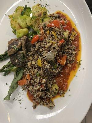 Quinoa with stewed tomatoes, portobello mushrooms, sautéed asparagus and brussel sprouts