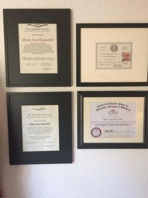 Diplomas, license, board certification.