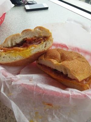 Bacon, eggs, cheese, and ham breakfast sandwich: $2.90+tax