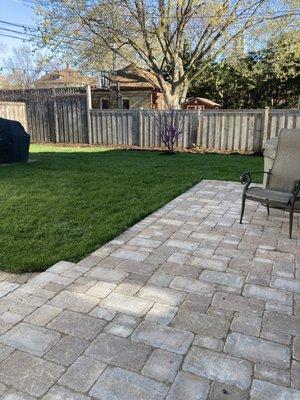 Replaced wood deck with pavers, sodded, removed dead tree, added new tree and mulched