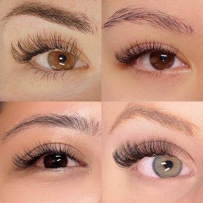 Display of lash extensions offered: top left - classic, top right - hybrid, bottom left - volume, bottom right - mega volume