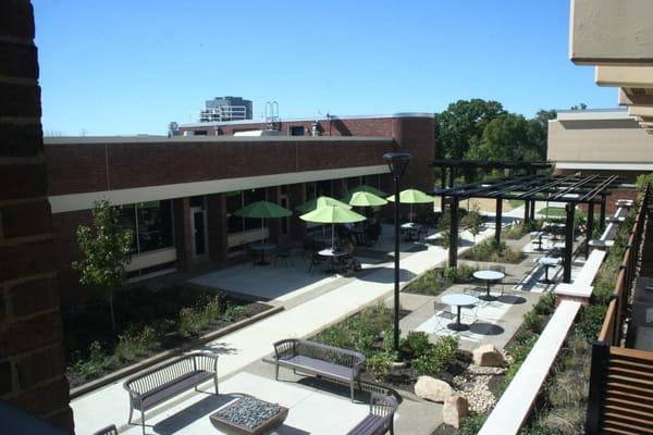 Students and faculty enjoying the new Cafe Courtyard at Penn State New Kensington - designed by Canzian/Johnston & Associates