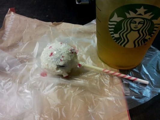 Peppermint brownie pop with iced green tea.