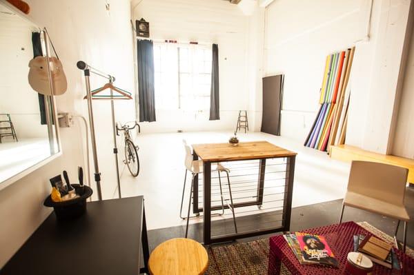 Studio has kitchen, separate locked closet for valuables, lounge area, make-up station, moveable digital tech desk...