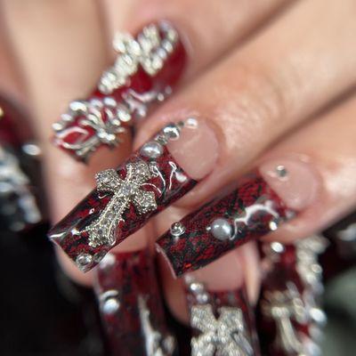 Russian Manicure + Gel X Extensions + Freestyle Nail Art + Secured Gems/Charms